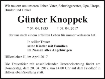 Traueranzeige von Günter Knoppek  von Magdeburger Volksstimme