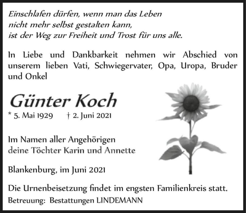  Traueranzeige für Günter Koch  vom 05.06.2021 aus Magdeburger Volksstimme