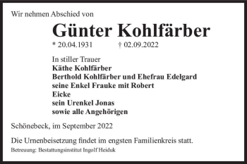 Traueranzeige von Günter Kohlfärber  von Magdeburger Volksstimme