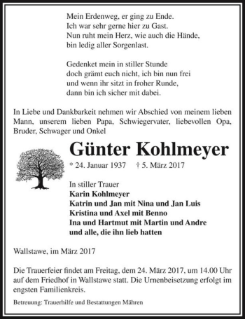 Traueranzeige von Günter Kohlmeyer  von Magdeburger Volksstimme