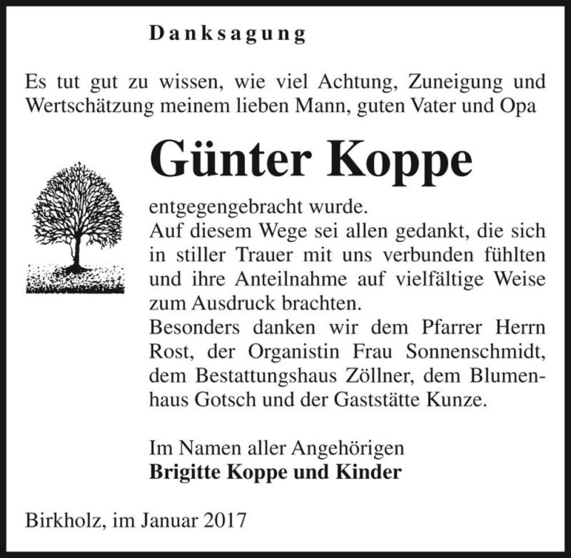  Traueranzeige für Günter Koppe  vom 14.01.2017 aus Magdeburger Volksstimme
