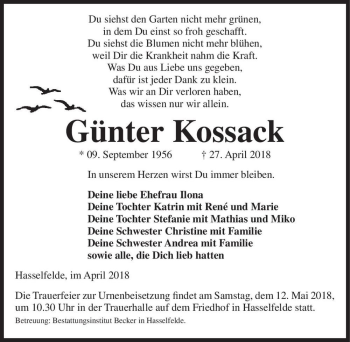 Traueranzeige von Günter Kossack  von Magdeburger Volksstimme