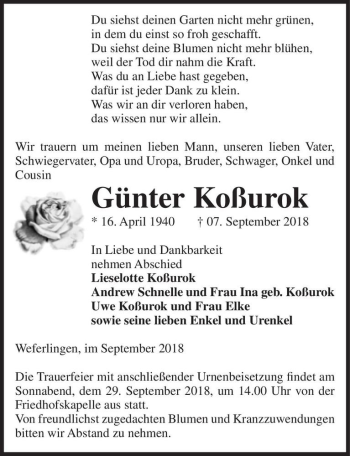 Traueranzeige von Günter Koßurok  von Magdeburger Volksstimme