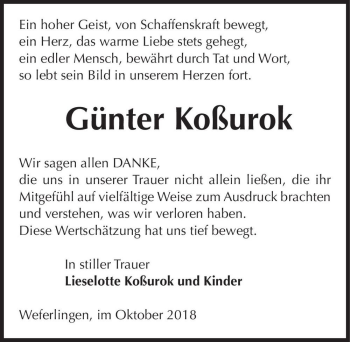 Traueranzeige von Günter Koßurok  von Magdeburger Volksstimme