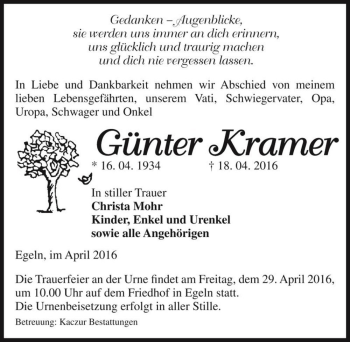 Traueranzeige von Günter Kramer  von Magdeburger Volksstimme