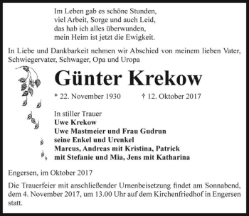Traueranzeige von Günter Krekow  von Magdeburger Volksstimme