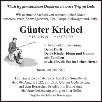 Traueranzeige von Günter Kriebel  von Magdeburger Volksstimme