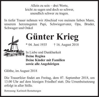 Traueranzeige von Günter Krieg  von Magdeburger Volksstimme