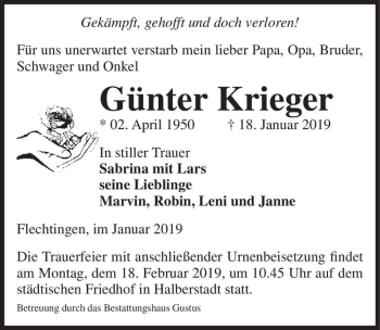 Traueranzeige von Günter Krieger  von Magdeburger Volksstimme