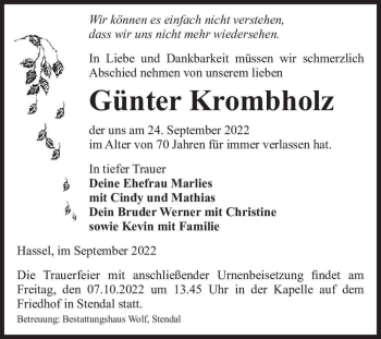 Traueranzeige von Günter Krombholz  von Magdeburger Volksstimme