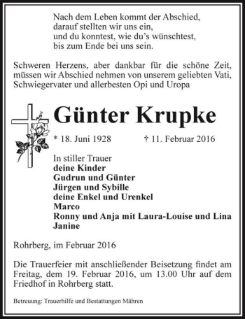 Traueranzeige von Günter Krupke  von Magdeburger Volksstimme