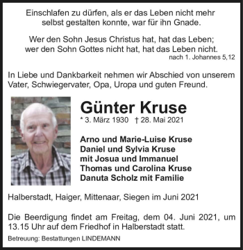 Traueranzeige von Günter Kruse  von Magdeburger Volksstimme
