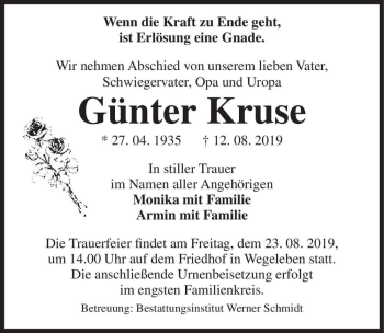 Traueranzeige von Günter Kruse  von Magdeburger Volksstimme