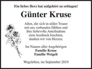 Traueranzeige von Günter Kruse  von Magdeburger Volksstimme