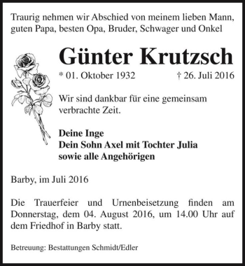 Traueranzeige von Günter Krutzsch  von Magdeburger Volksstimme