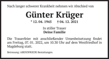 Traueranzeige von Günter Krüger  von Magdeburger Volksstimme
