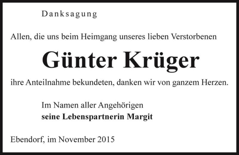  Traueranzeige für Günter Krüger  vom 02.12.2015 aus Magdeburger Volksstimme