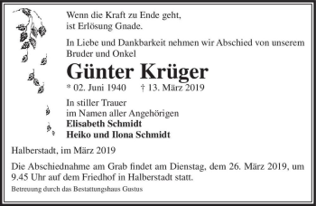 Traueranzeige von Günter Krüger  von Magdeburger Volksstimme