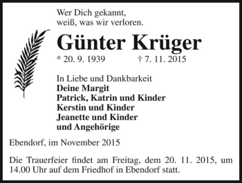 Traueranzeige von Günter Krüger  von Magdeburger Volksstimme