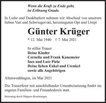 Traueranzeige von Günter Krüger  von Magdeburger Volksstimme