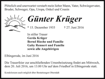 Traueranzeige von Günter Krüger  von Magdeburger Volksstimme