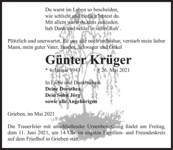 Traueranzeige von Günter Krüger  von Magdeburger Volksstimme