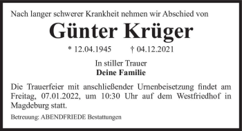 Traueranzeige von Günter Krüger  von Magdeburger Volksstimme