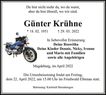 Traueranzeige von Günter Krühne  von Magdeburger Volksstimme