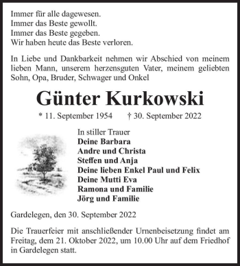 Traueranzeige von Günter Kurkowski  von Magdeburger Volksstimme