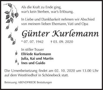 Traueranzeige von Günter Kurlemann  von Magdeburger Volksstimme