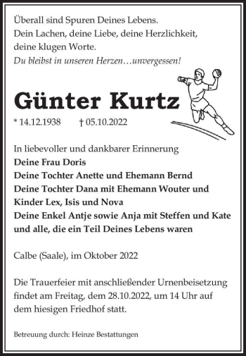 Traueranzeige von Günter Kurtz  von Magdeburger Volksstimme