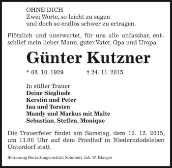 Traueranzeige von Günter Kutzner  von Magdeburger Volksstimme