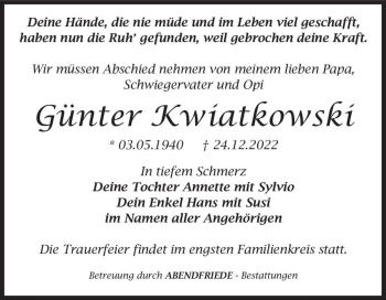 Traueranzeige von Günter Kwiatkowski  von Magdeburger Volksstimme