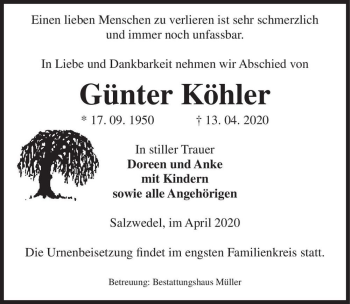 Traueranzeige von Günter Köhler  von Magdeburger Volksstimme