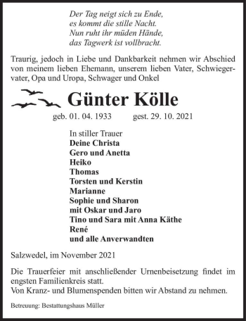 Traueranzeige von Günter Kölle  von Magdeburger Volksstimme