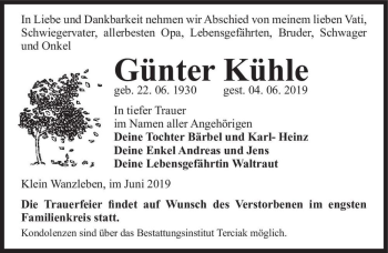 Traueranzeige von Günter Kühle  von Magdeburger Volksstimme