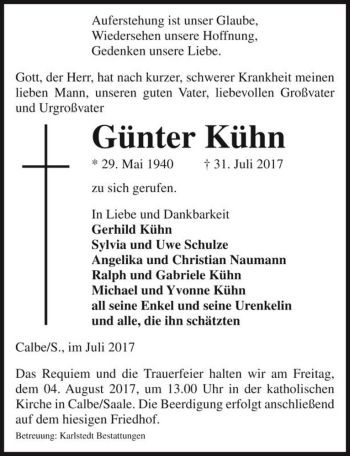 Traueranzeige von Günter Kühn  von Magdeburger Volksstimme