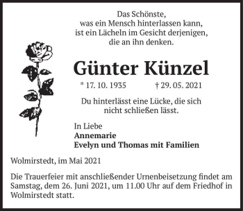 Traueranzeige von Günter Künzel  von Magdeburger Volksstimme