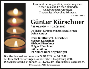 Traueranzeige von Günter Kürschner  von Magdeburger Volksstimme