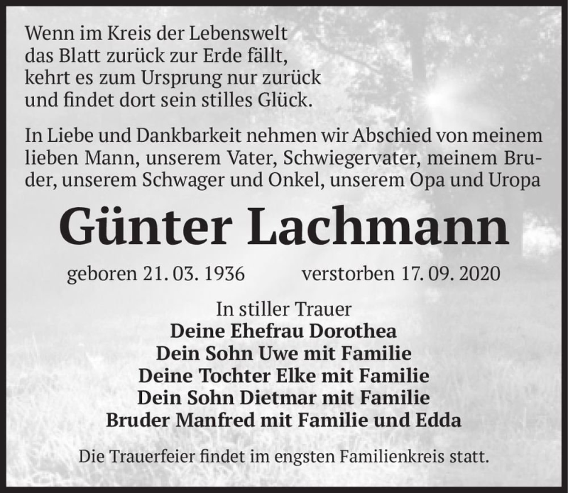  Traueranzeige für Günter Lachmann  vom 26.09.2020 aus Magdeburger Volksstimme