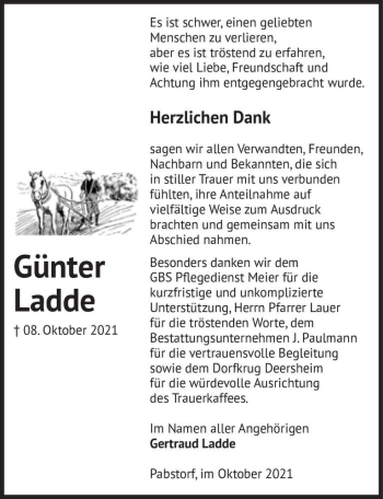 Traueranzeige von Günter Ladde  von Magdeburger Volksstimme