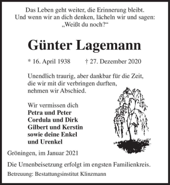 Traueranzeige von Günter Lagemann  von Magdeburger Volksstimme