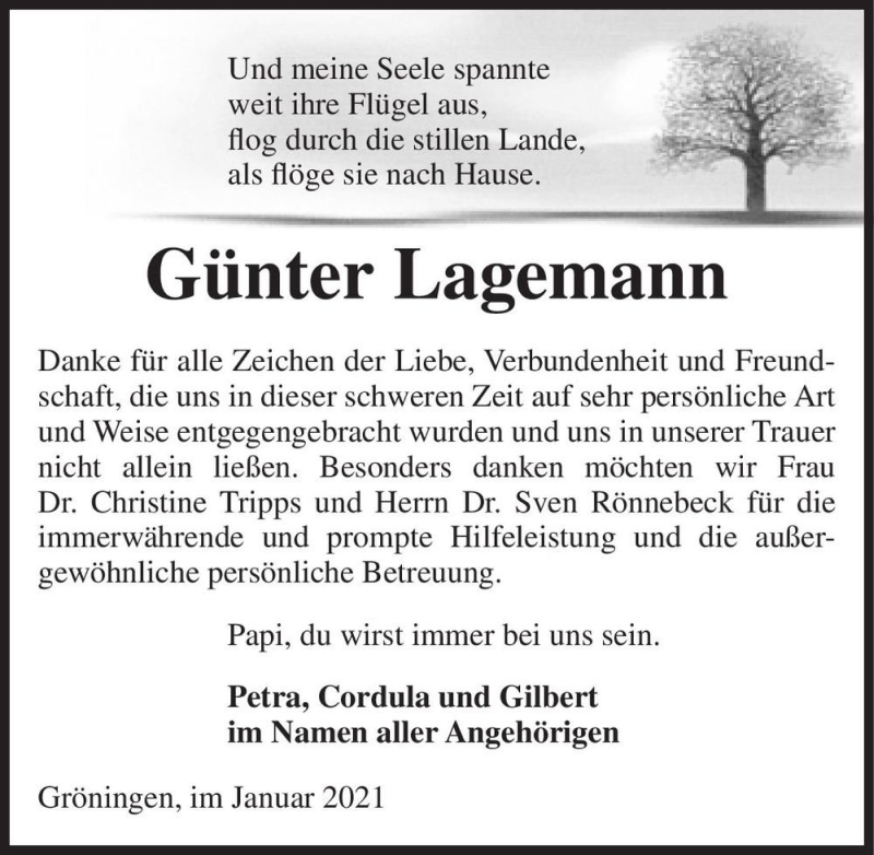 Traueranzeige für Günter Lagemann  vom 16.01.2021 aus Magdeburger Volksstimme