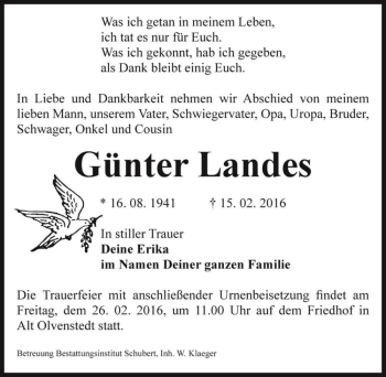 Traueranzeige von Günter Landes  von Magdeburger Volksstimme