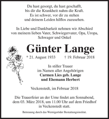 Traueranzeige von Günter Lange  von Magdeburger Volksstimme
