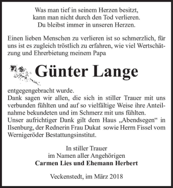 Traueranzeige von Günter Lange  von Magdeburger Volksstimme