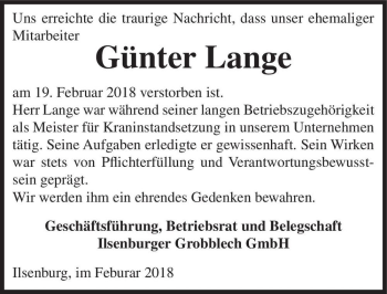 Traueranzeige von Günter Lange  von Magdeburger Volksstimme