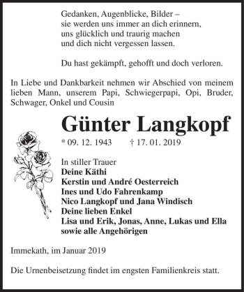 Traueranzeige von Günter Langkopf  von Magdeburger Volksstimme