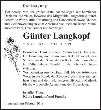 Traueranzeige von Günter Langkopf  von Magdeburger Volksstimme