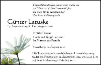 Traueranzeige von Günter Latuske  von Magdeburger Volksstimme